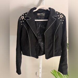 Roccobarocco Jeans Studded Star‎ Cropped Moto Jacket Black Made in Italy 42